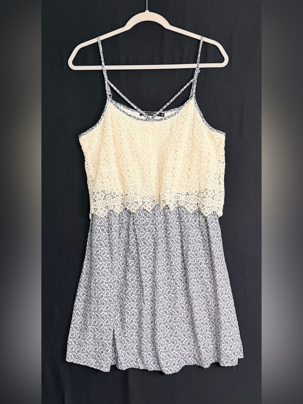 Doe & Rae Cream Lace Top Blue Patterned Mini Dress